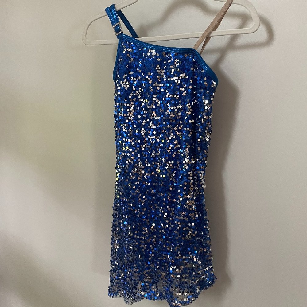Royal blue sequin figure skating or dance dress
